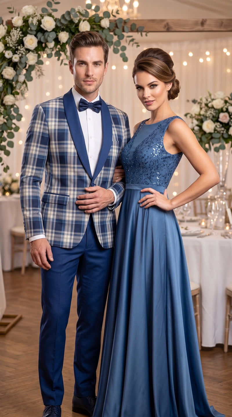 Men’s Tartan Blue Plaid and Solid Blue Tuxedo – Modern Check Pattern Formal Suit for New Year - Christmas - Holiday Jacket with Pants