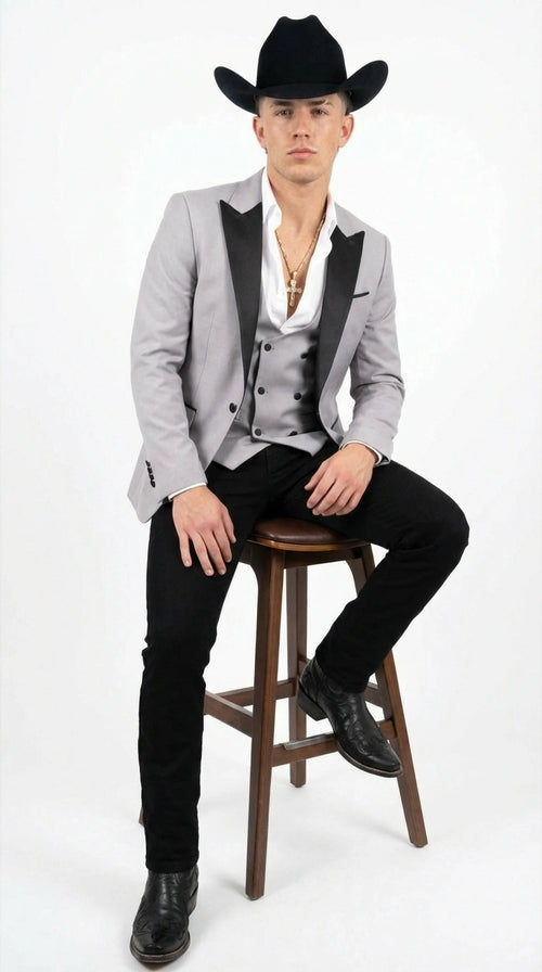 Men’s Light Gray Cowboy Tuxedo with Black Satin Lapel – Western Formal Suit with Double Breasted Vest