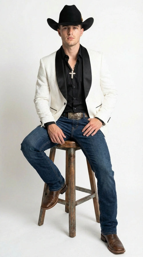 Men’s White Cowboy Blazer with Black Shawl Lapel – Western Formal Jacket for Wedding and Special Events