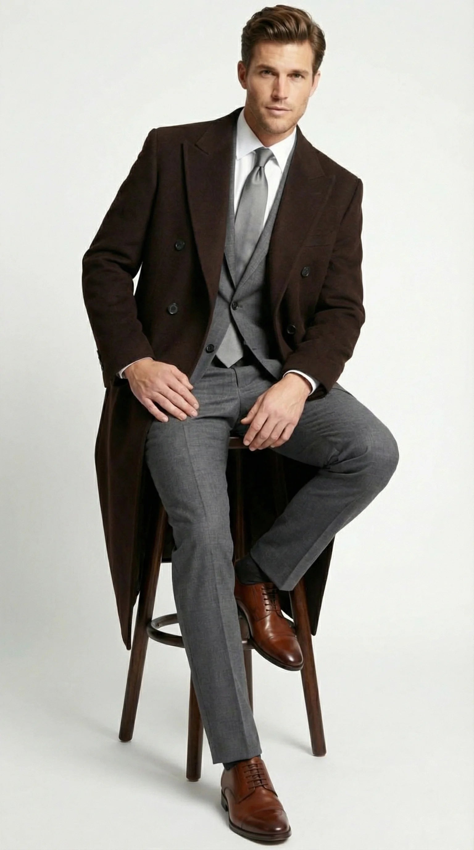 Men’s Brown Long Overcoat – Double Breasted Classic Formal Winter Coat for Business, Topcoat and Cold Weather Wear