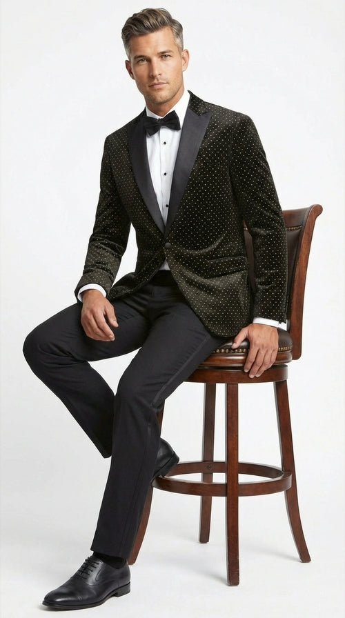 Men’s Black Velvet Dinner Jacket Blazer with Satin Lapel – Formal Evening Tuxedo Style Jacket Polk Dots Pattern + Free bowtie