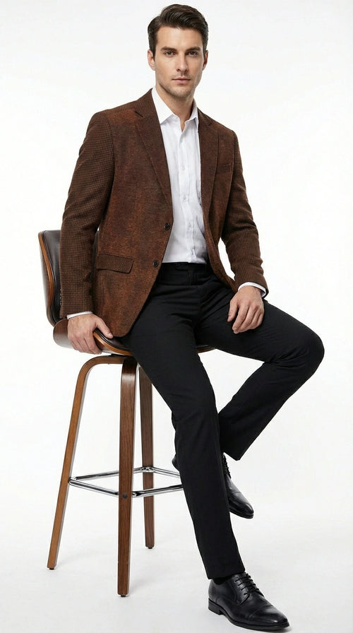 Men’s Zacchi Brown Textured Blazer – Classic Single Button Sport Coat with Notch Lapel Formal Jacket