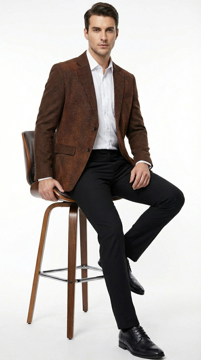 Men’s Zacchi Brown Textured Blazer – Classic Single Button Sport Coat with Notch Lapel Formal Jacket