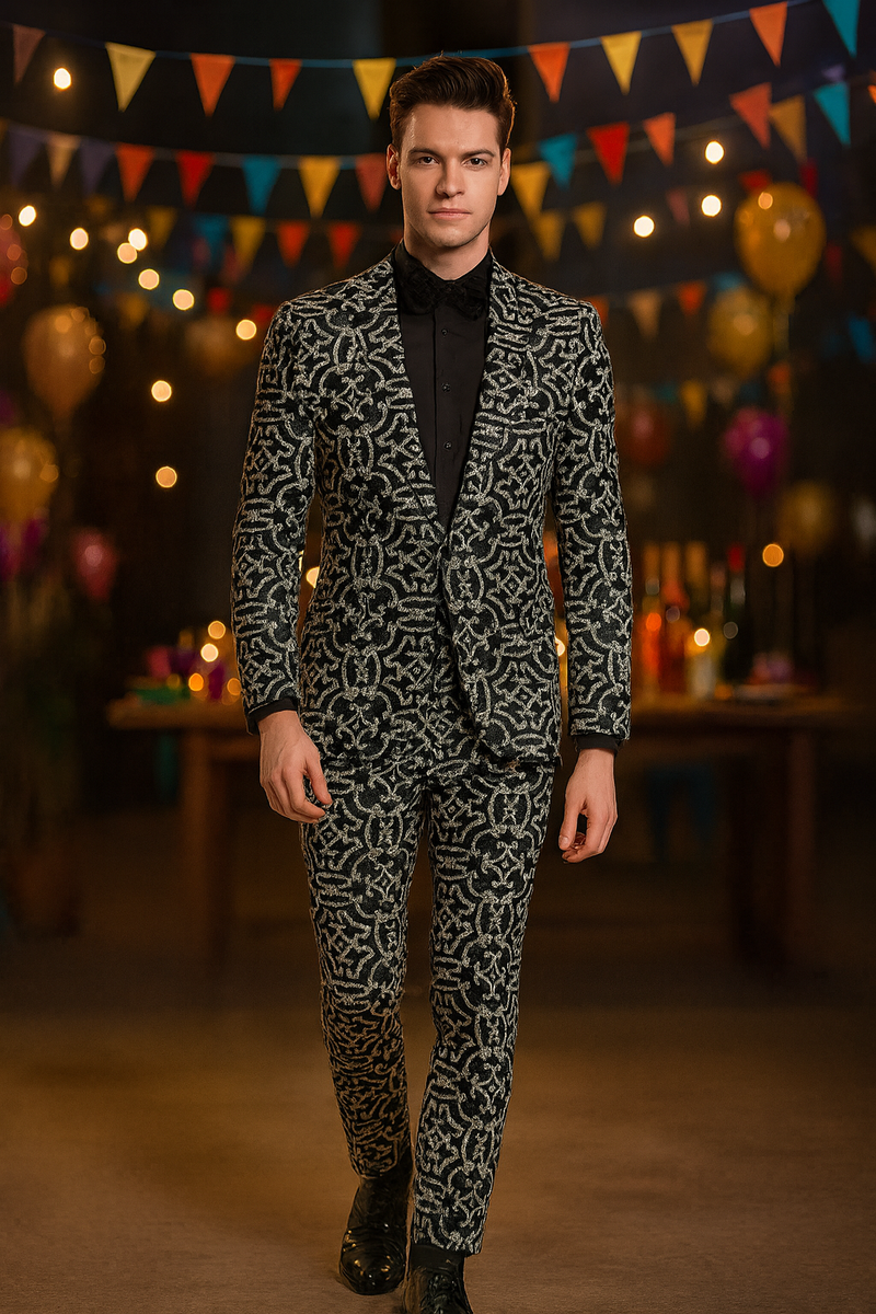 Alberto Nardoni men's sequin tuxedo: fitted black jacket with silver sequins & shawl collar. Matching tailored trousers. Sleek, dynamic design with smooth fabric texture.

