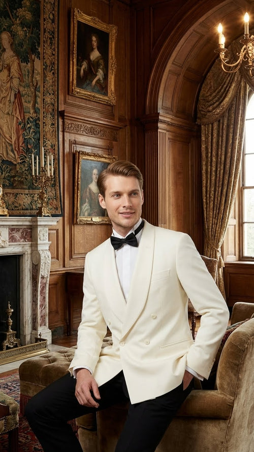 Ivory double-breasted men's tuxedo jacket. Smooth, luxurious fabric with shawl lapels and a tailored fit. Features buttoned front and two rows of buttons.
