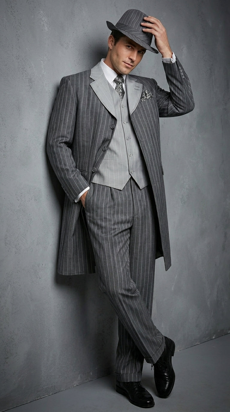 Men’s Grey Pinstripe Zoot Suit 3 Piece – 1920s Gangster Vintage Wide Lapel Suit with Vest for Wedding, Party