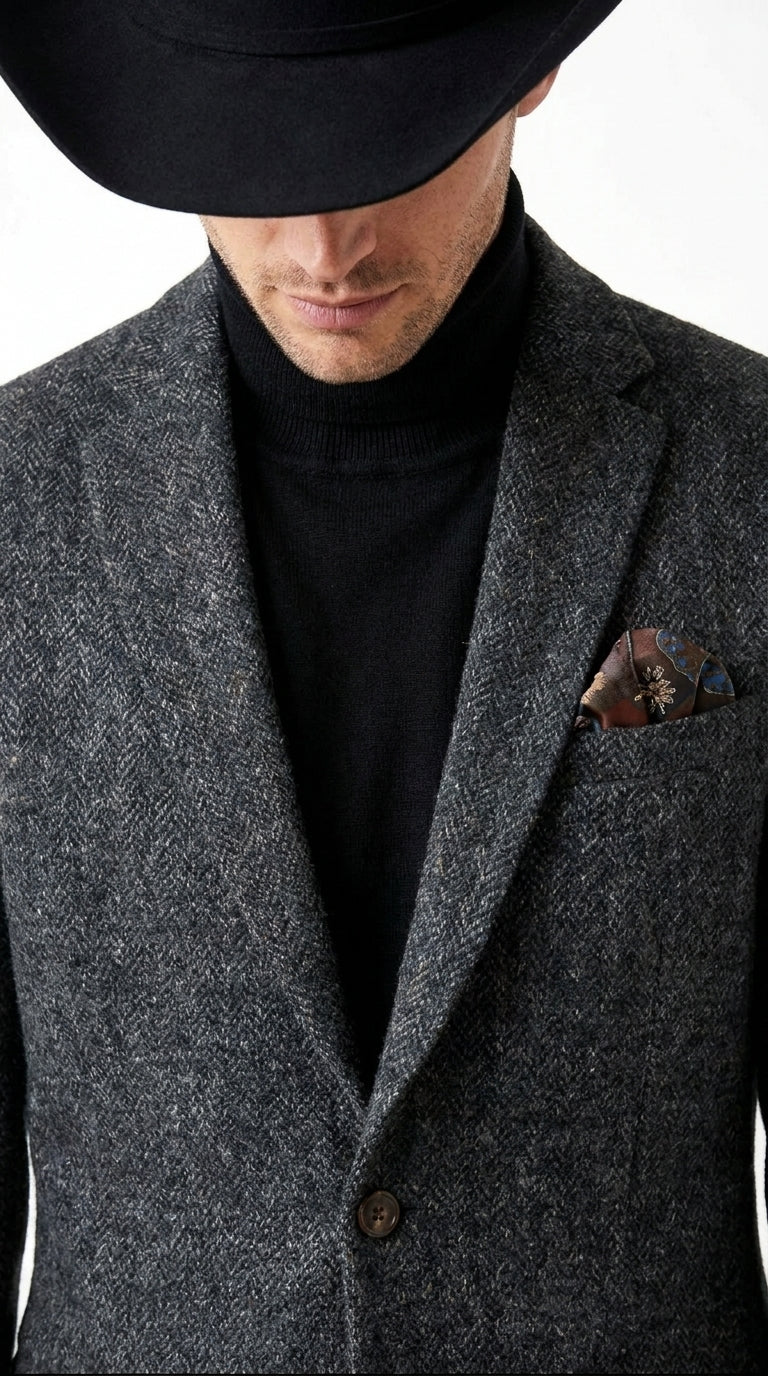 Men’s Charcoal Grey Herringbone Western Winter Blazer – Cowboy Sport Coat Jacket