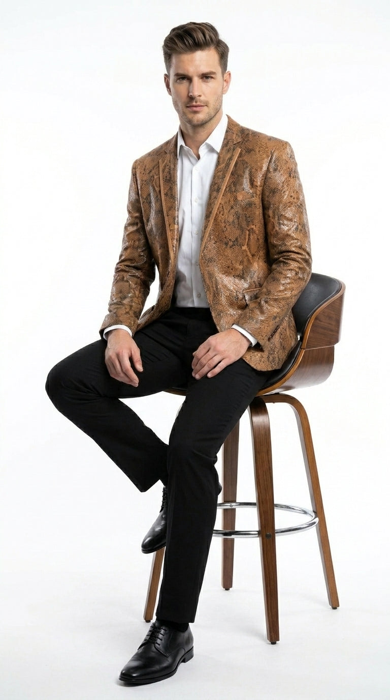 Men’s Brown Snakeskin Pattern Blazer – Stylish Exotic Print Formal Blazer Jacket for Party, Exotic Crocodile Alligator Print