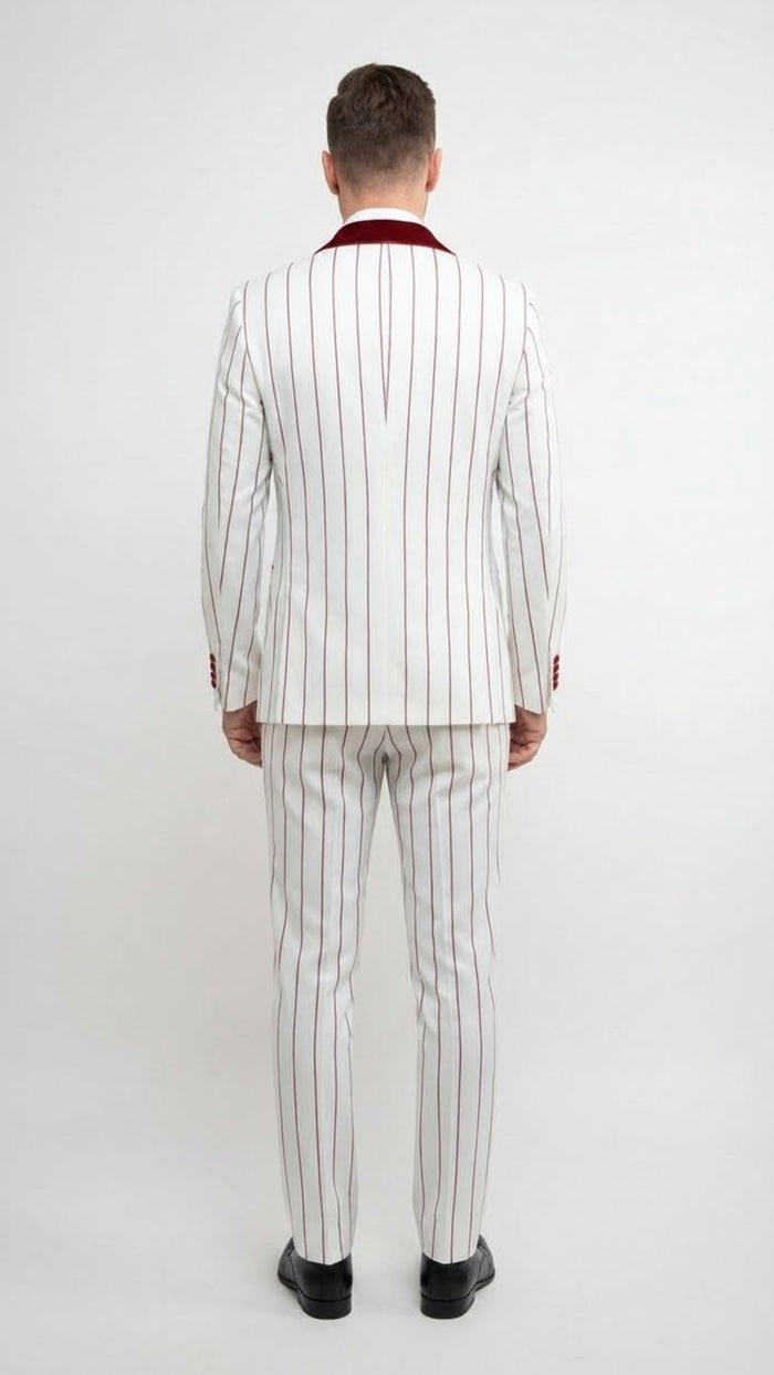 Men's tuxedo: white & dark red pinstripe. Velvet shawl lapel. Fitted jacket & matching trousers. Vertical pinstripes throughout. Classic formal wear.
