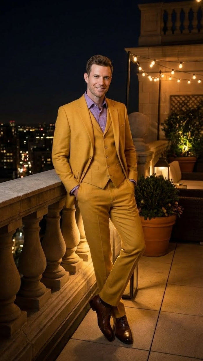 Mustard yellow three-piece suit (jacket, waistcoat, trousers) with a two-button notch lapel & modern fit. Solid mustard color, smooth texture. Paired with light purple checkered shirt & dark brown shoes. Cohesive, structured look.

