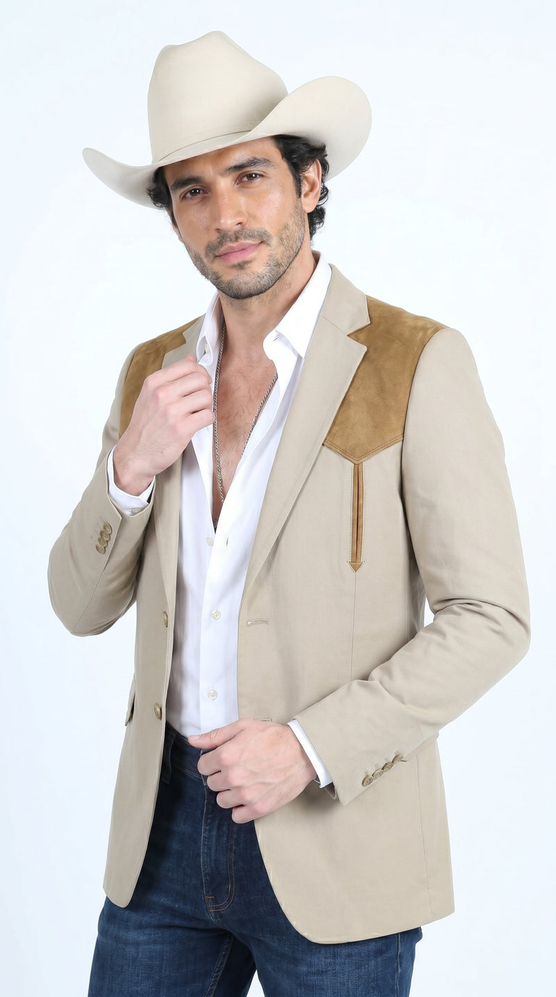 Men’s Khaki Western Blazer with Suede Yokes, Cowboy Sport Coat , Ranch and Country Events in Tan Khaki Color By Platini