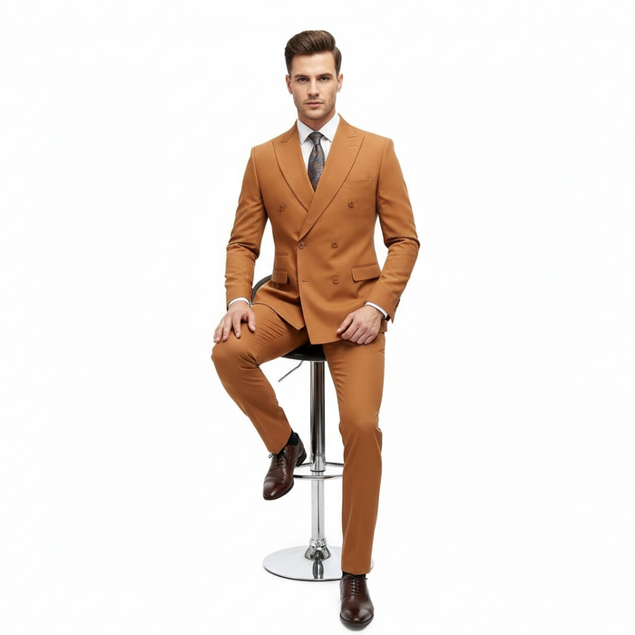 Men's Vitali rust-brown double-breasted suit. Slim fit, tailored design with two rows of buttons and slim trousers. Smooth, structured fabric in warm tones for a formal, contemporary look.
