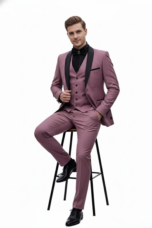 Men's Rose Pink Tuxedo Suit – Luxury Three-Piece Formal Wear with Black Satin Lapel Dusty Mauve Color