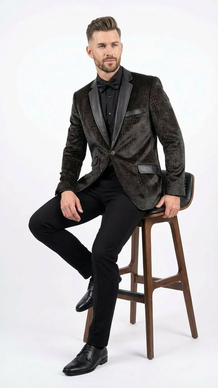 Men's exotic blazer: dark brown crocodile/alligator skin texture. Structured fit, black satin lapel and pocket accents. Tailored design.
