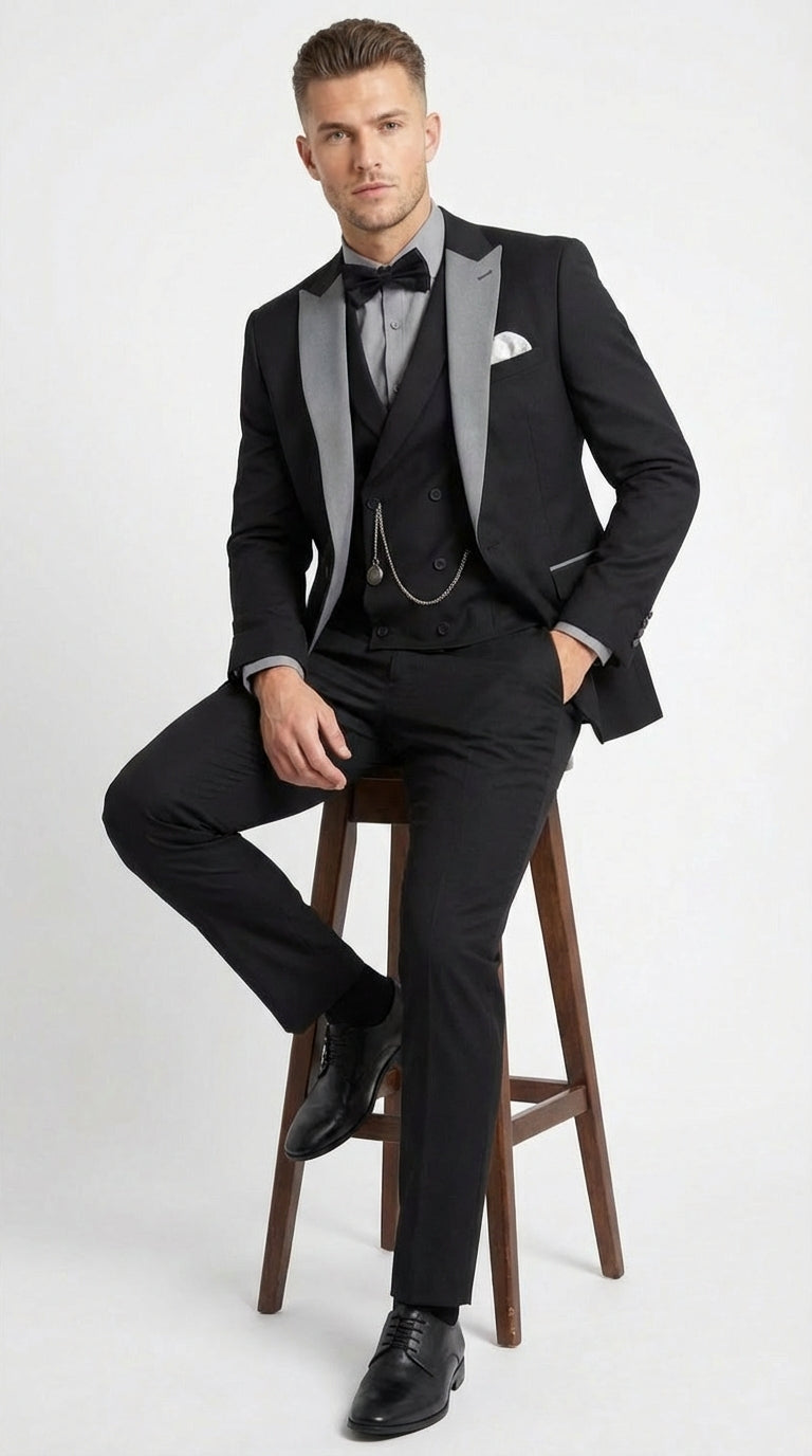 Men’s Black And White Lapel 3 Piece Tuxedo Suit with Silver Gray Satin Lapel | Formal Wedding Prom Suit Set