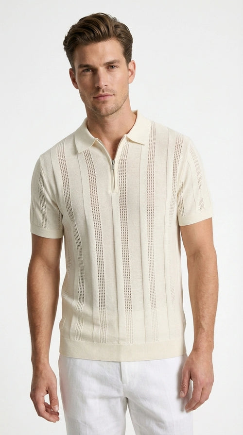 Mens Cream Ivory Off White Knit Walking Suit Set – Lightweight Short Sleeve Shirt and Pants Outfit for Summer, Vacation and Casual Style