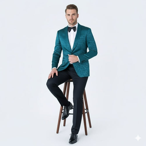 Men's teal blue paisley tuxedo jacket with shawl lapel. Textured material, designed for formal events. Intricate paisley pattern.
