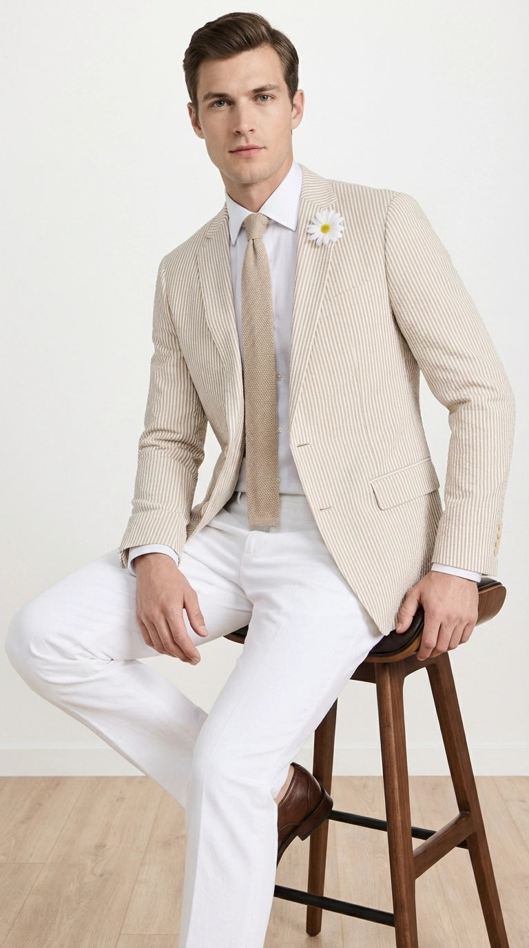 Mens Beige Seersucker Blazer – Lightweight Striped Summer Sport Coat Casual Smart Formal Jacket