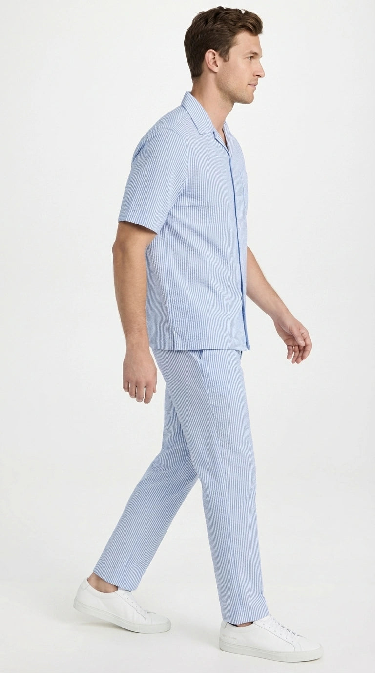 ens Light Blue Seersucker Walking Suit Set – Casual Summer Short Sleeve Outfit with Matching Pants Lightweight Two Piece Outfit