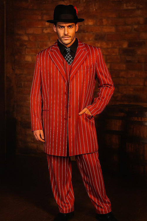 Alberto Nardoni men's red pinstripe zoot suit. Long jacket with notched lapel, single-breasted. Vertical white pinstripes on red. Jacket: two pockets, tailored fit. Trousers: loose, cuffed.
