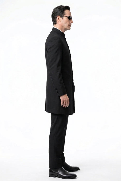 Men’s Black Coat Matrix Keanu Reeves Inspired Long Coat – Classic Mandarin Collar Formal Overcoat, Stylish Winter Trench Coat, Neo Style Jacket