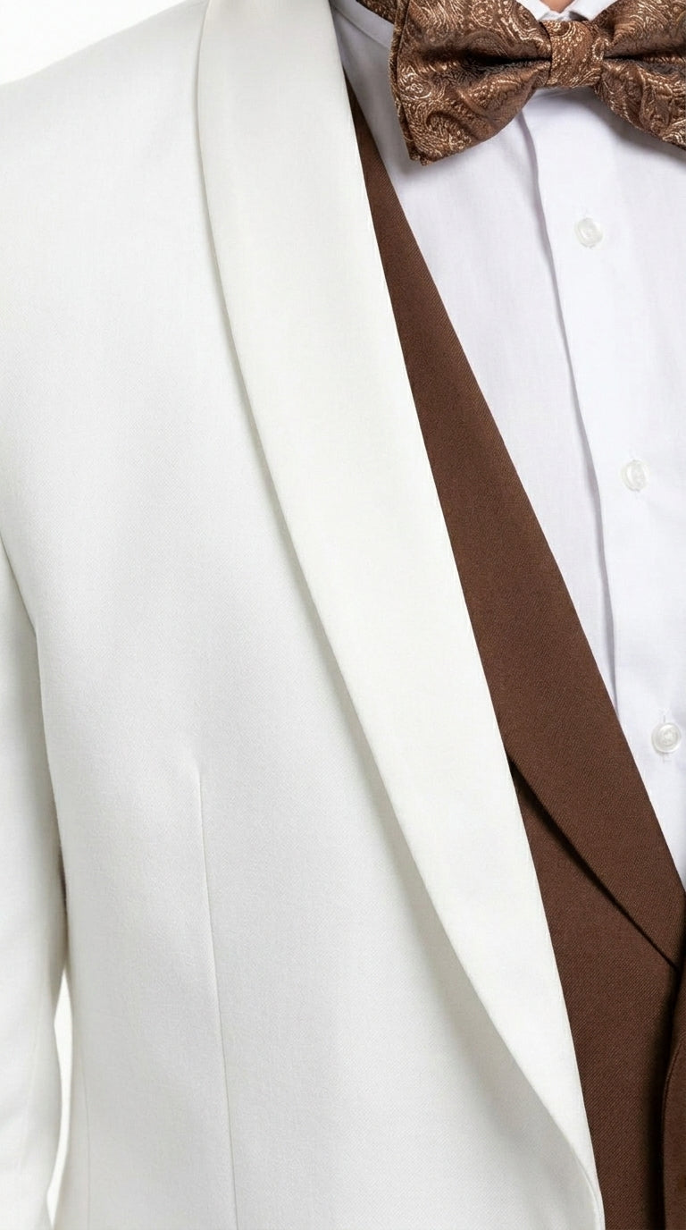 Men’s Ivory and Brown 3 Piece Suit – Elegant White Blazer with Brown Vest and Trousers for Wedding, Prom and Formal Events in off White Cream + Bowtie