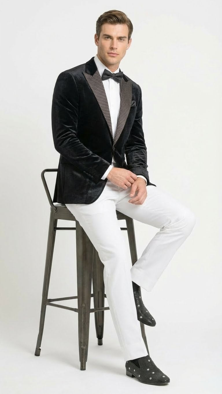Black velvet men's tuxedo blazer. Sleek, fitted design with studded lapel. Soft, plush fabric in deep black for an elegant look.
