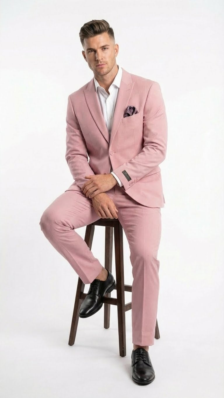 Modern fit men's formal suit in light pink with a blush color, featuring a two-button closure, tailored structure, and matching trousers. The suit is complemented by a white shirt and a patterned pocket square.
