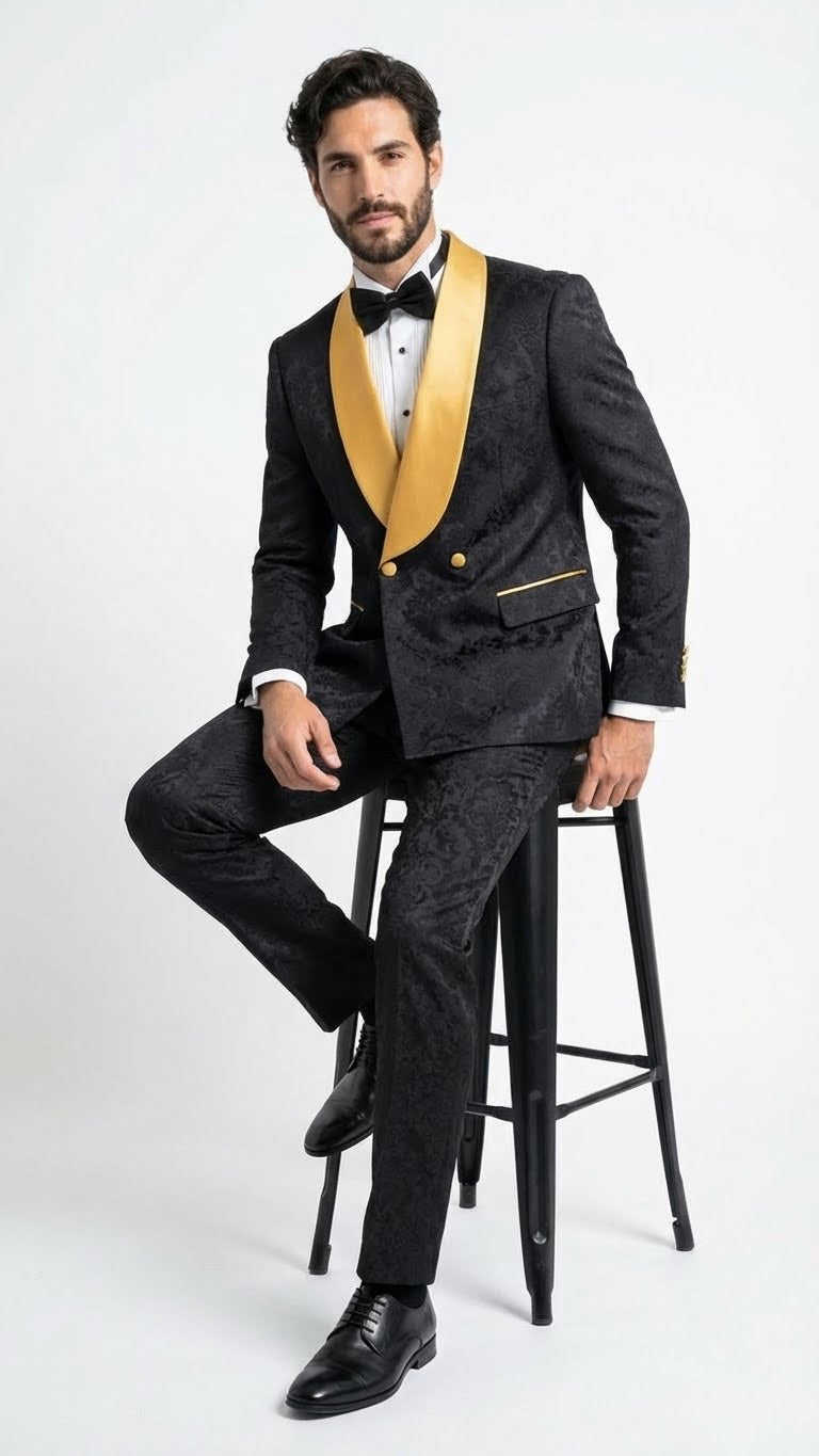 Men's black jacquard tuxedo suit with a slim fit. Gold shawl collar, button & pocket trim accents. Includes matching trousers. Complete with black dress shoes.
