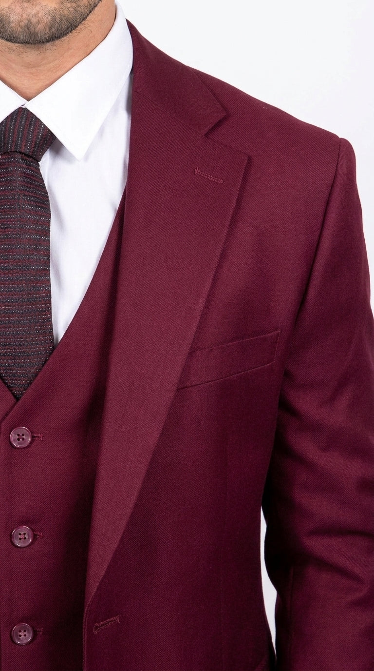 Men’s Stacy Adams Brand Burgundy 3 Piece Suit – Two Button Vested Style church wedding Modern Fit Suit