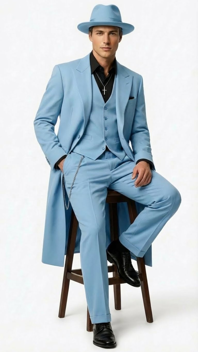 Men's light blue zoot suit: long coat, matching trousers, and vest. Smooth fabric, wide-brimmed hat, elongated coat with lapels, tapered trousers with chain detail. Uniform color.
