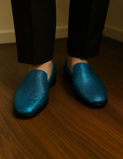 Men's Turquoise Blue Sequin Glitter Loafers â€“ Sparkling Slip-On Party Dress  Shoes for Prom, Weddings, and Nightlife