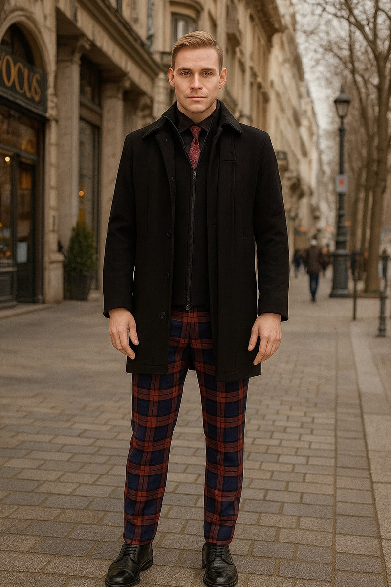 Men's black wool overcoat. Single-breasted, standard collar, long sleeves. Straight silhouette, mid-thigh length. Smooth, dense wool fabric. Solid black color, ideal for winter.
