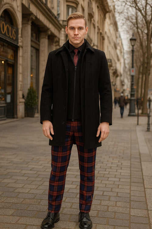 Mens Black Wool Overcoat – Classic Single-Breasted Winter Coat for Business and Formal Wear