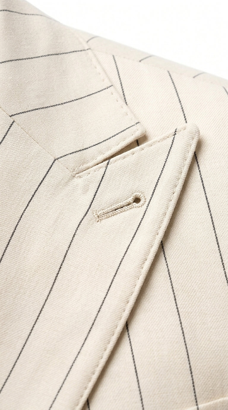 Men’s Cream Off White Pinstripe Linen Pinstripe 2 Piece Double Breasted Suit, Summer Wedding Ivory Color By Vitali