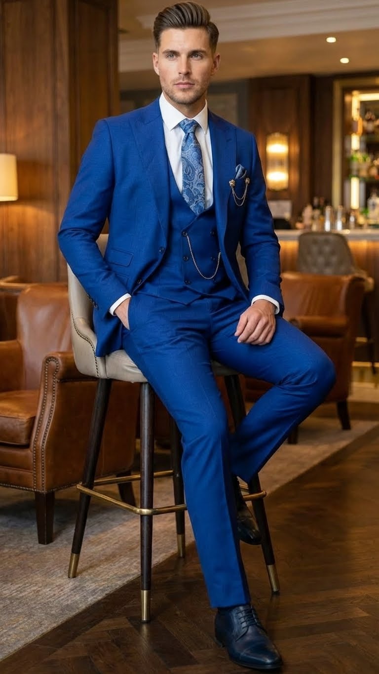 Royal blue men's 3-piece suit: fitted jacket, vest, trousers. Smooth, textured fabric. Jacket: notch lapel, classic pockets. Vest: buttons, waist adjustment.
