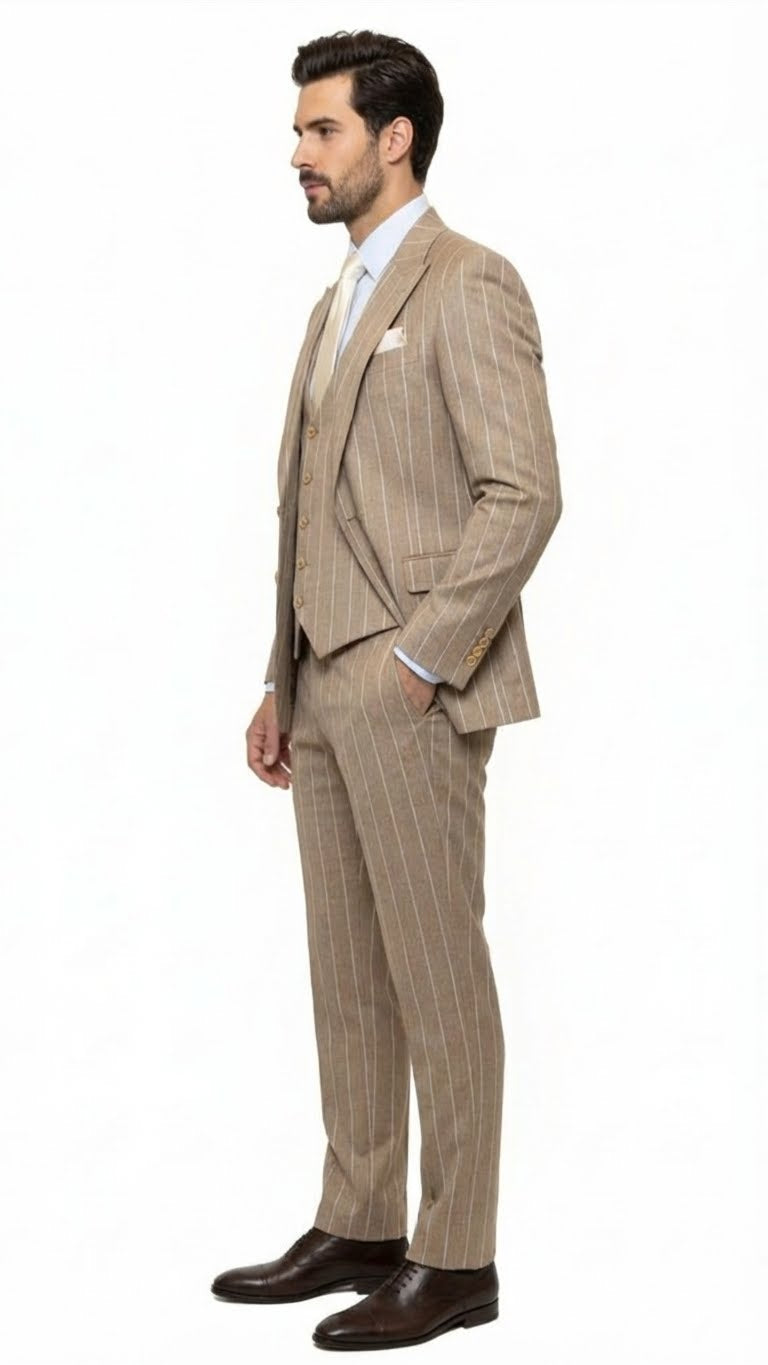 Alberto Nardoni men's beige pinstripe three-piece suit. Fitted design: single-breasted jacket, matching vest, tailored trousers. Lightweight fabric, notched lapel, straight-leg trousers, front pockets.
