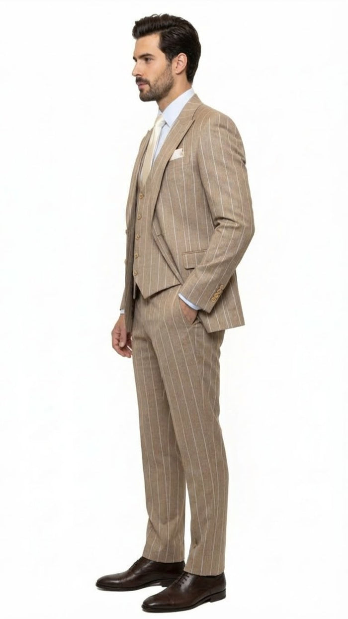 Alberto Nardoni men's beige pinstripe three-piece suit. Fitted design: single-breasted jacket, matching vest, tailored trousers. Lightweight fabric, notched lapel, straight-leg trousers, front pockets.
