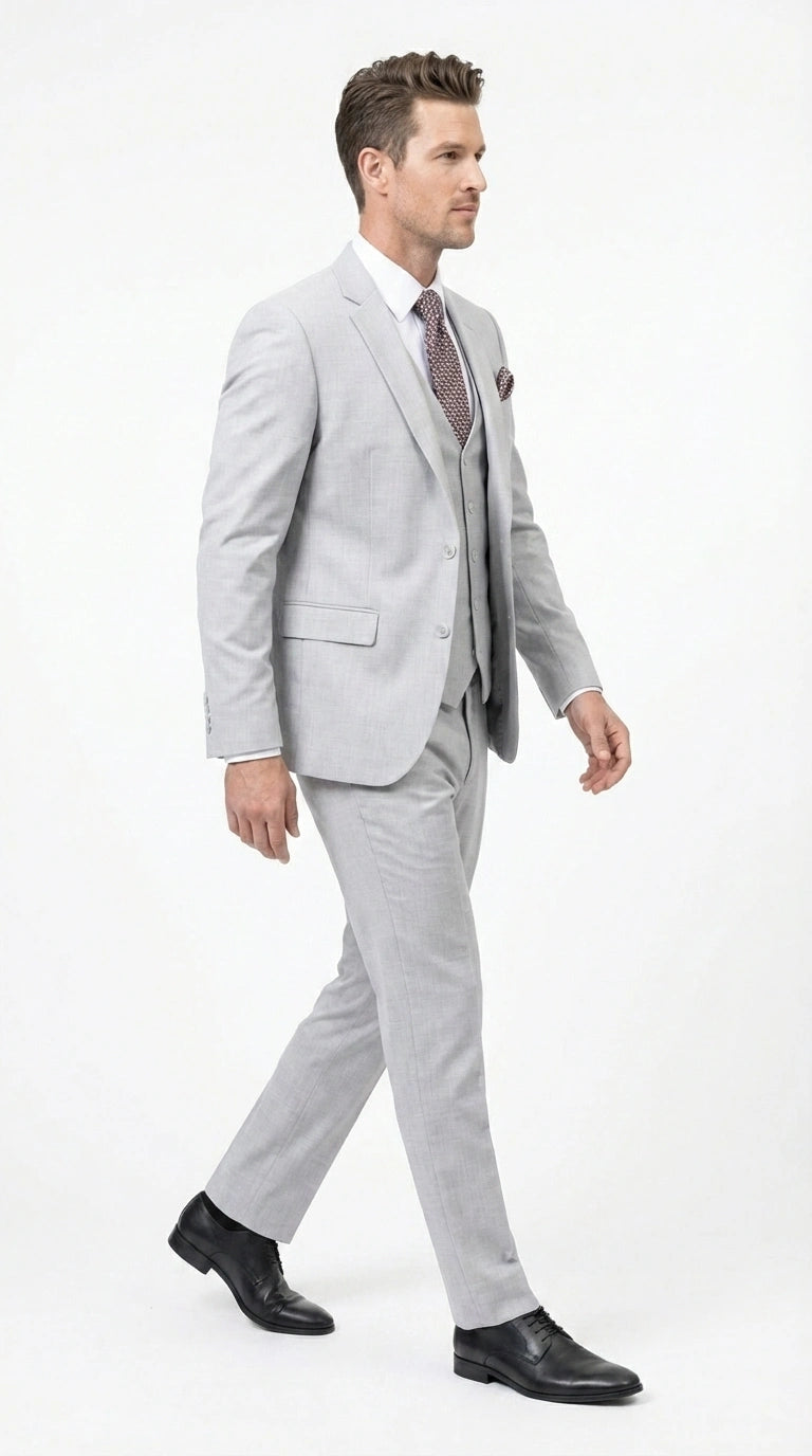 Men’s Light Grey Sharkskin 3 Piece Suit – Two Button Vested Modern Formal Business Suit for Wedding in silver Ice Gray