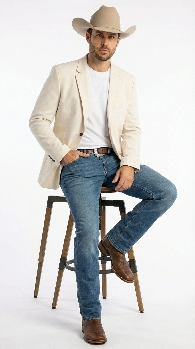 Men’s Off White Casual Blazer – Classic Western Style Lightweight Summer Cowboy Jacket Casual Ivory Cream Color
