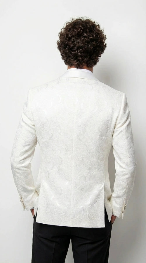 Men’s White Paisley Disco Blazer 1980s Style Jacket – Shawl Lapel Formal Party Blazer, Elegant Masquerade Club Wear, Stylish Evening Outfit