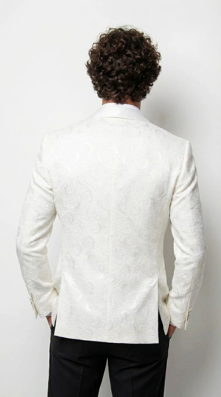 Men’s White Paisley Disco Blazer 1980s Style Jacket – Shawl Lapel Formal Party Blazer, Elegant Masquerade Club Wear, Stylish Evening Outfit