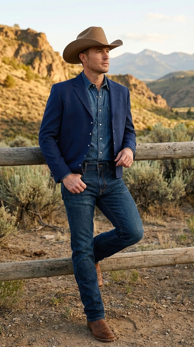 Mens Navy Blue Western Blazer Set – Cowboy Style Jacket and Pants Outfit Classic Country Western Blazer