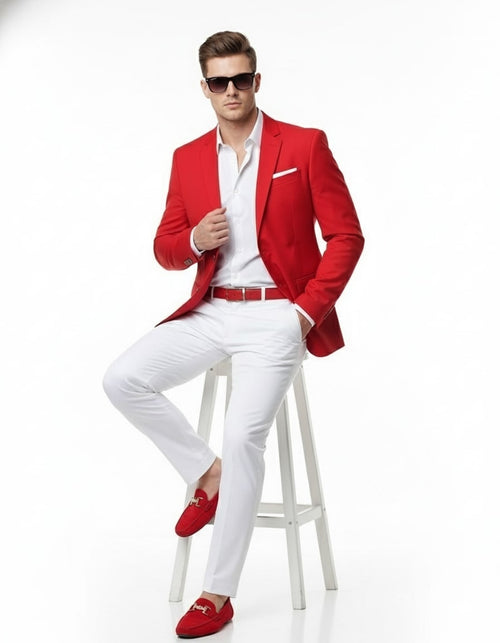 Men's set: bright red blazer & white slim-fit pants. Blazer: fitted, single button, pocket square. Smooth fabric. Paired with red loafers for a coordinated look.

