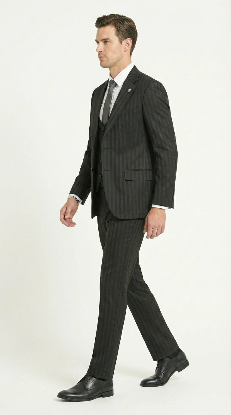 Men’s Black Pinstripe 3 Piece Suit – Vested Formal Business Suit for Wedding, Office, Prom and Party Wear