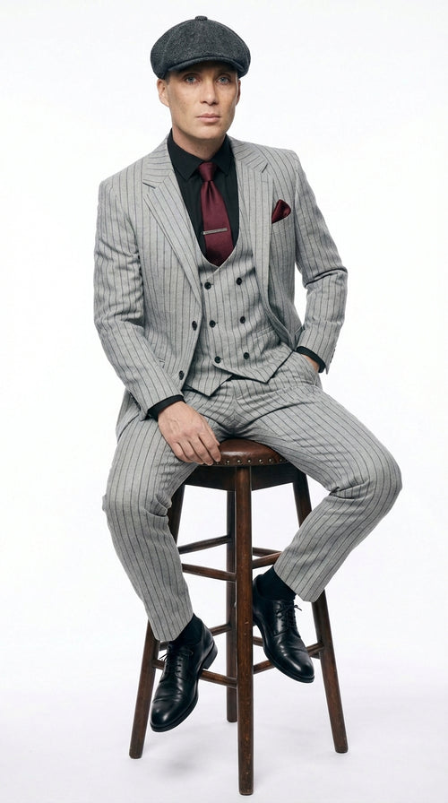 Men's Light Gray Pinstripe 3 Piece Suit – Peaky Blinders Inspired Vintage Gangster Style Formal Suit