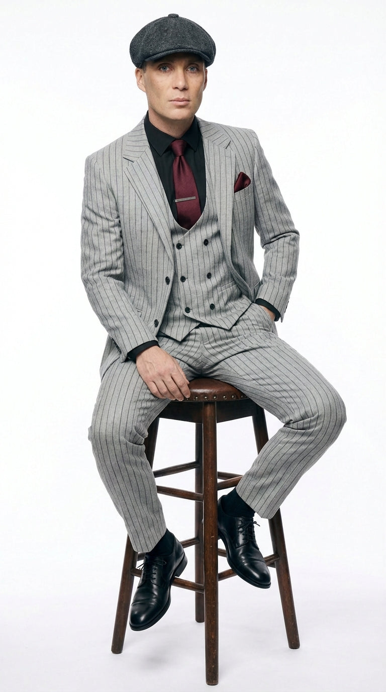 Men's Light Gray Pinstripe 3 Piece Suit – Peaky Blinders Inspired Vintage Gangster Style Formal Suit