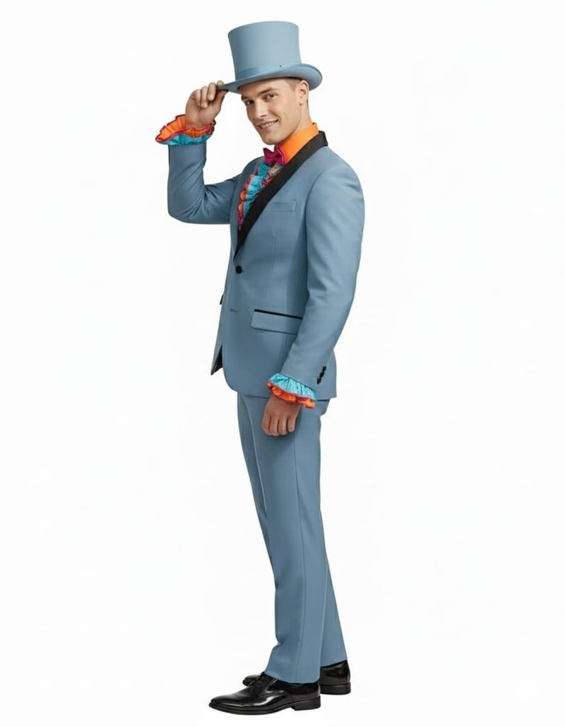 Light blue fitted tuxedo with black lapels and top hat. Orange shirt with red & turquoise ruffled cuffs. Classic style, straight-leg trousers, black dress shoes.
