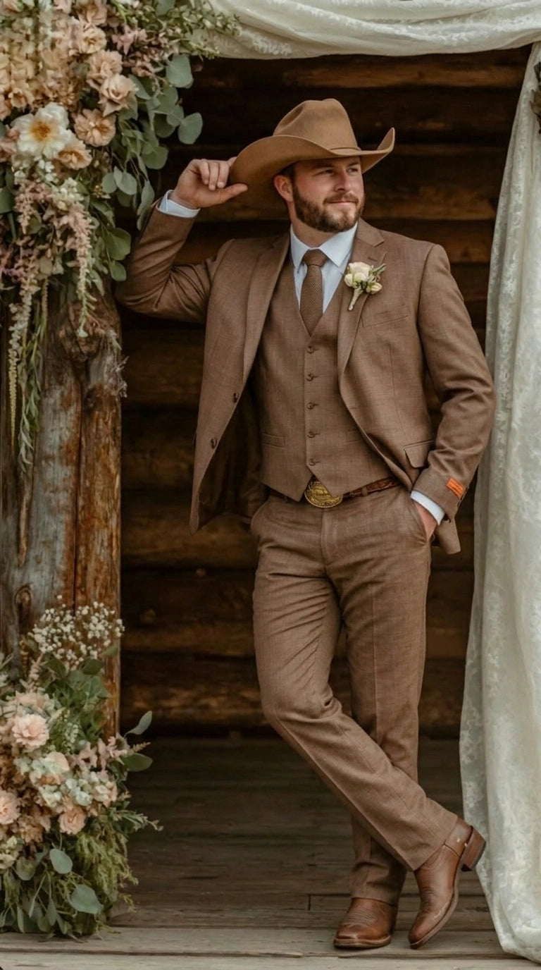 Men’s Light Brown Western 3 Piece Suit – Classic Country Style Blazer Vest Pants Set, Formal Cowboy Suit Toast