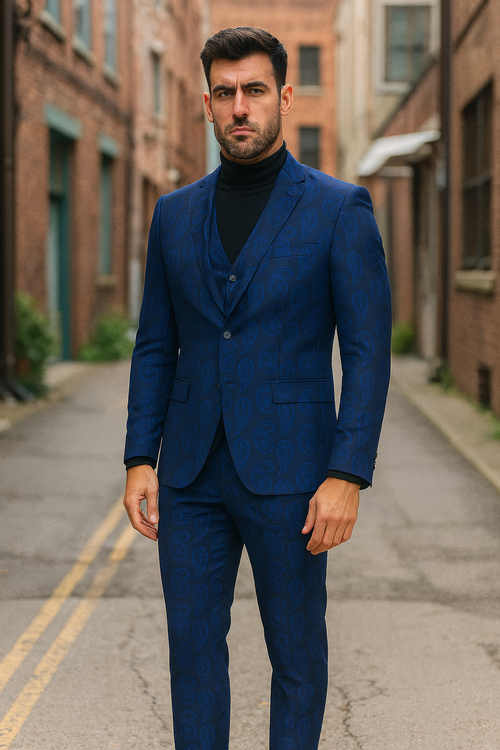 Men's sapphire blue paisley three-piece suit. Jacket with notched lapel, matching trousers, and waistcoat. Darker paisley design throughout.
